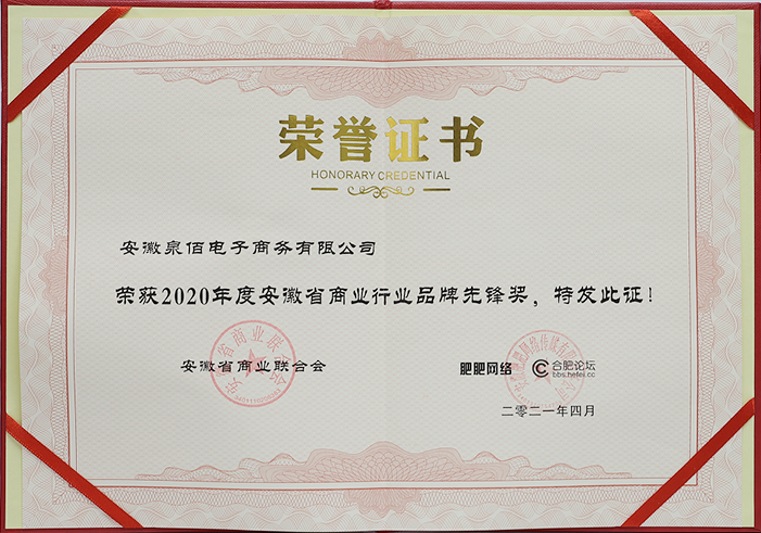 2020年度安徽省商业行业品牌先锋奖证书 -- 安徽泉佰电子商务有限公司